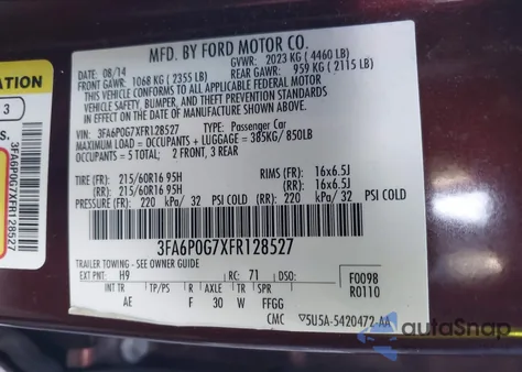 2015 Ford Fusion S из США, поврежденный, VIN 3FA6P0G7XFR128527
